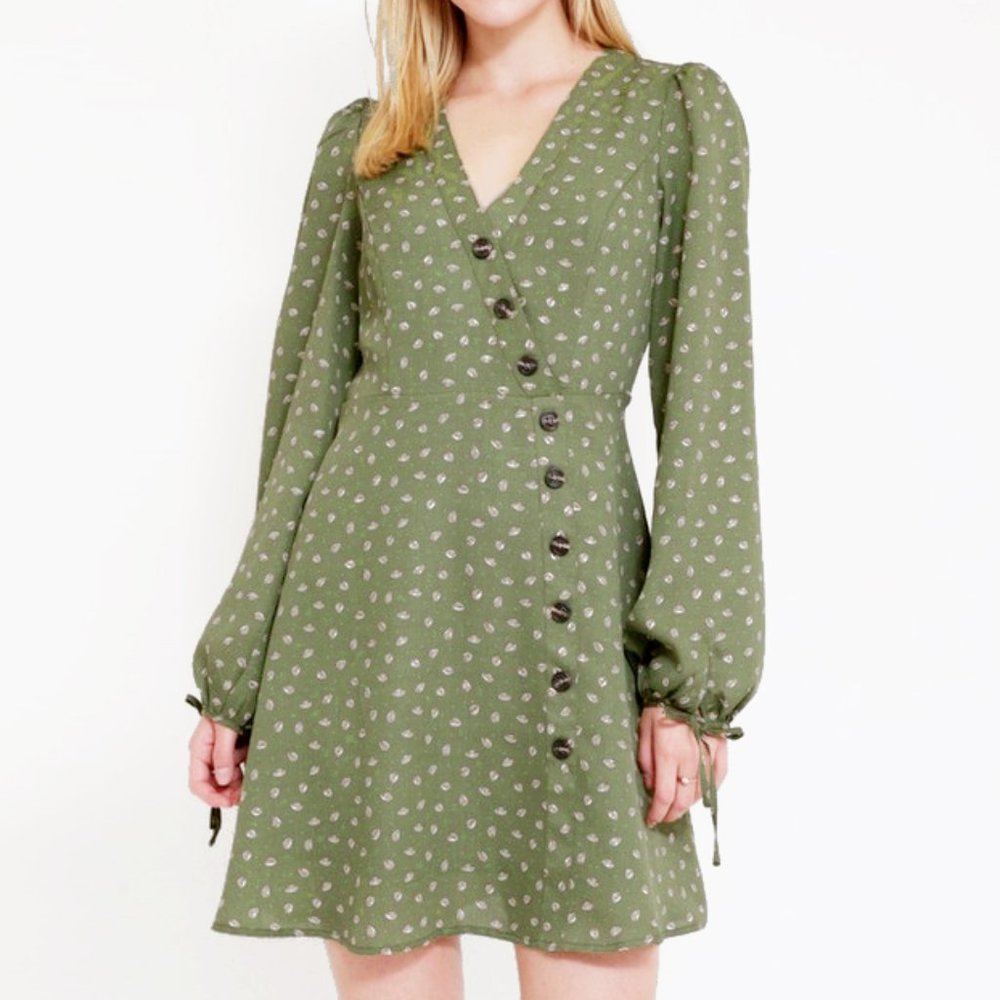 Olive Sage Green Faux Wrap Asymmetric Button Dress - Picture 2 of 8